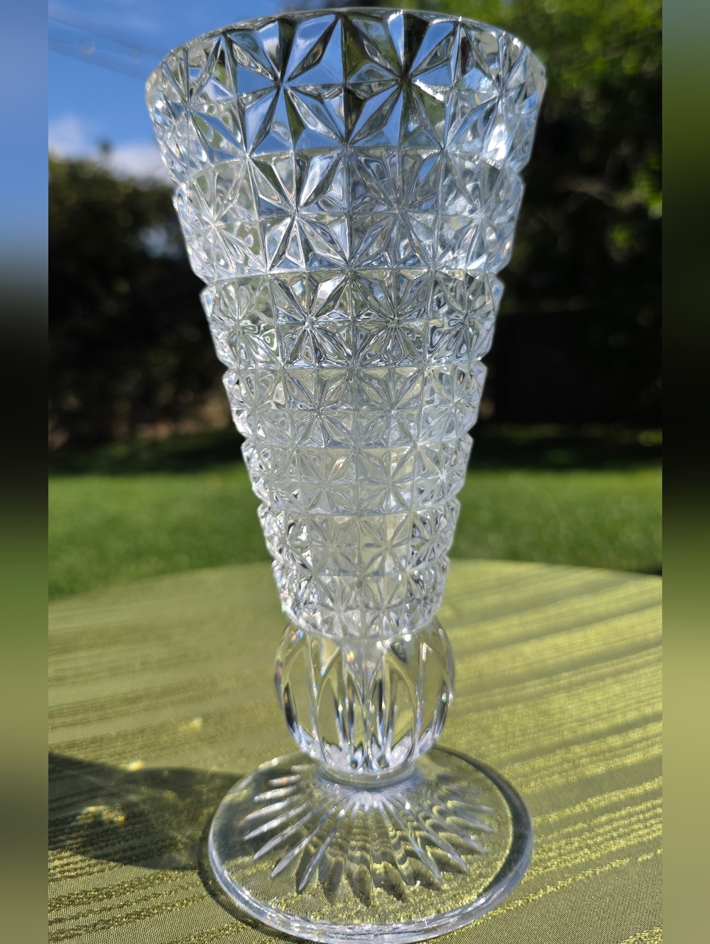 Princess House by Fostoria Diamond Cut Crystal Footed Vase 8” Pressed Glass